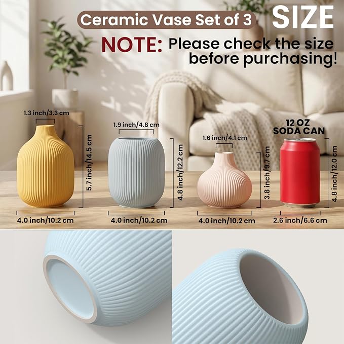 Colorful Small Ceramic Vases Set of 3, Matte Vertical Ribbed, Minimalist - Image 3