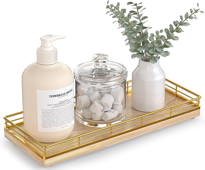 Bathroom Tray for Counter Top Organizer, Oak Wood Vanity Tray | Metal Frame for by Focusonit