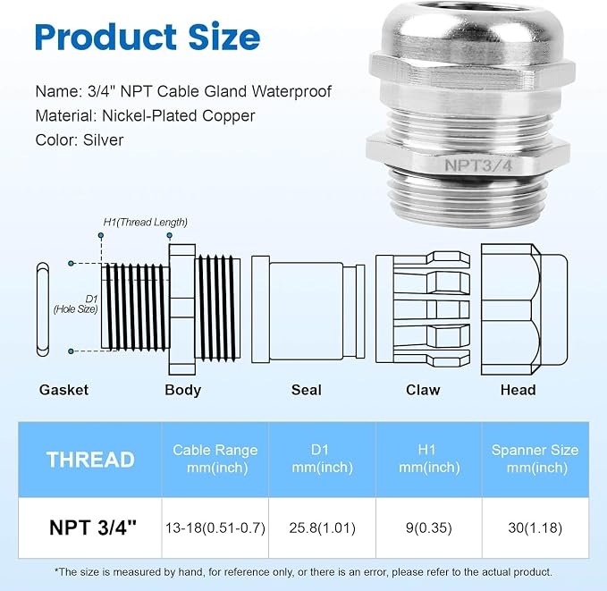 4 Pcs 3/4" NPT Nickel-Plated Copper Cable Gland | IP68 Waterproof, Metal Strain - Image 2