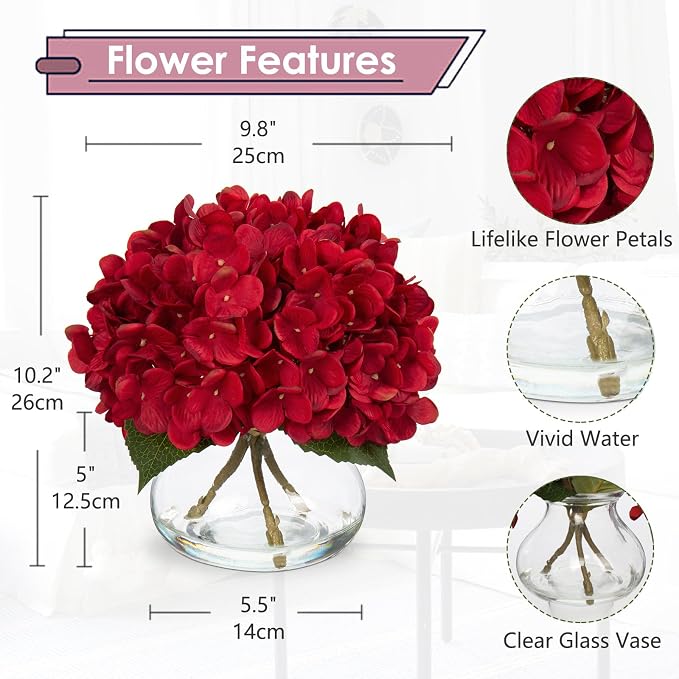 Hollyone Hydrangea Artificial Flowers in Vase Red Silk Fall Fake Flowers - Image 2
