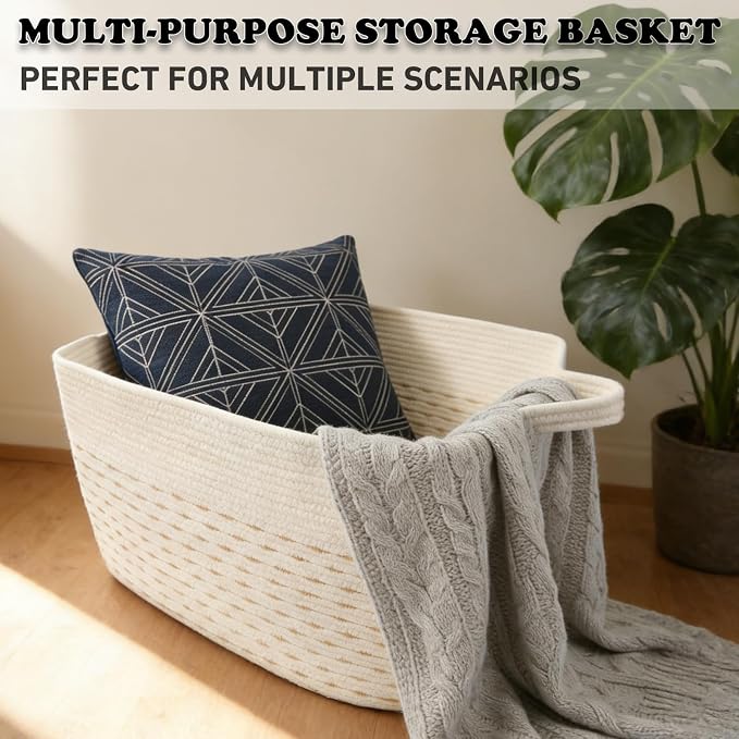 96L Woven Laundry Basket with Handles, Extra Blanket Basket, Living Room - Image 6