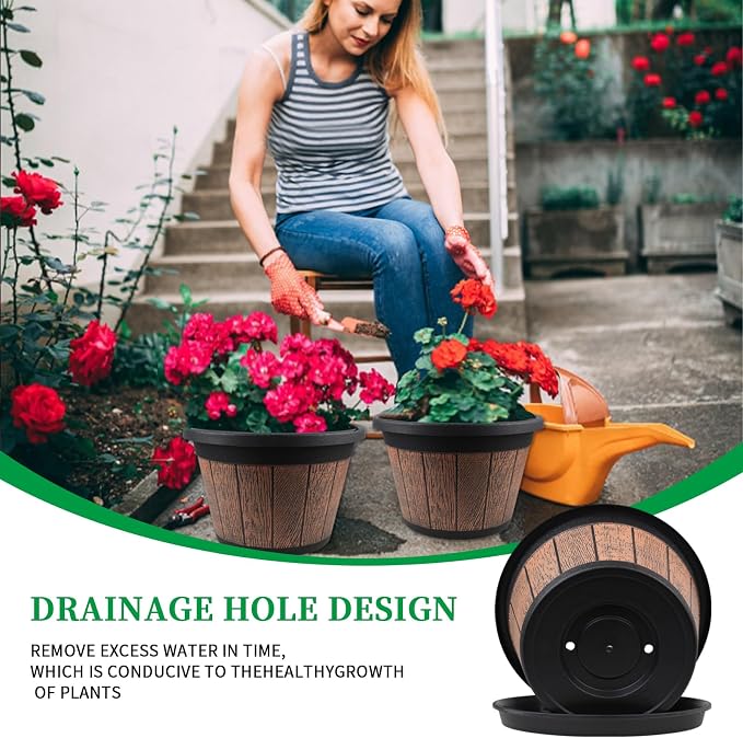 4 Pack 14 inch Plant Pots, Whiskey Barrel Planters - Image 2