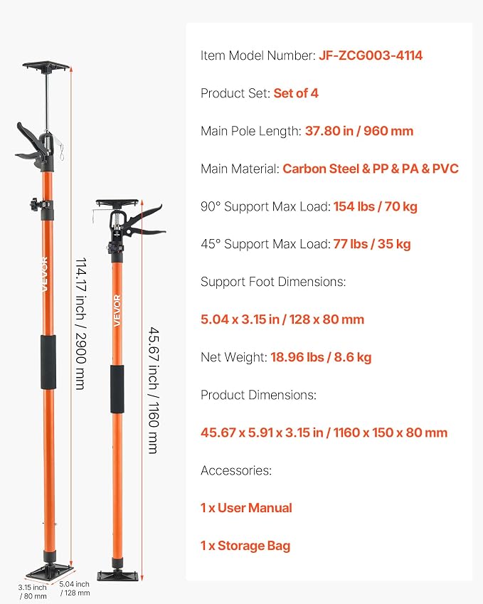 VEVOR Cabinet Jack Support Pole, 45.7-114.2 Inch Steel Telescopic Quick Support - Image 7