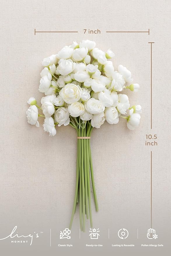 Ling's moment Fake Flowers Artificial Flower Faux Silk Ranunculus Ivory | Silk - Image 4