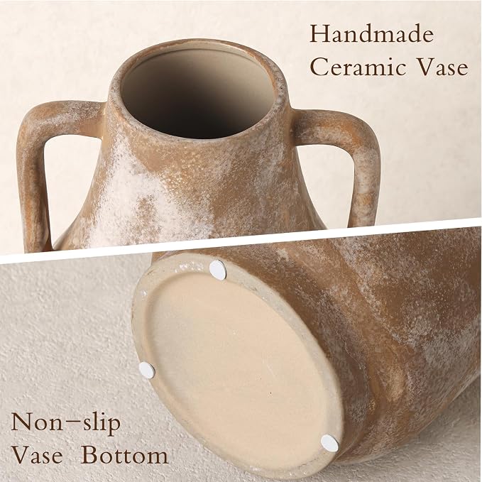 Ceramic Flower Vase with Handles, 11in Tall Rustic Vases - Image 9