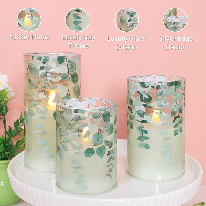 Green Glass Flameless Candles Remote Timer Eucalyptus Leaves Greenery Design - Image 6