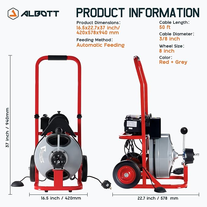 Albott 50 FT x 3/8 inch Electric Drain Cleaner Machine - Image 2