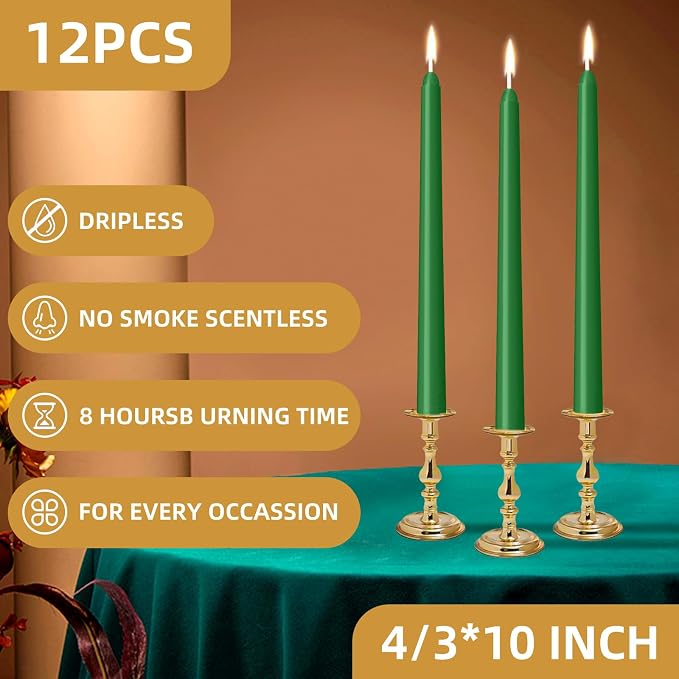 12 Pack Green Taper Candles 10 inch - Image 2