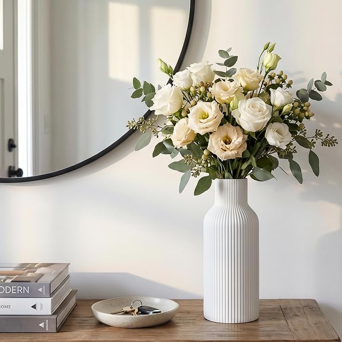Large White Tall Ceramic Vase, Modern Matte Vertical Ribbed, Nordic Minimalist - Image 7