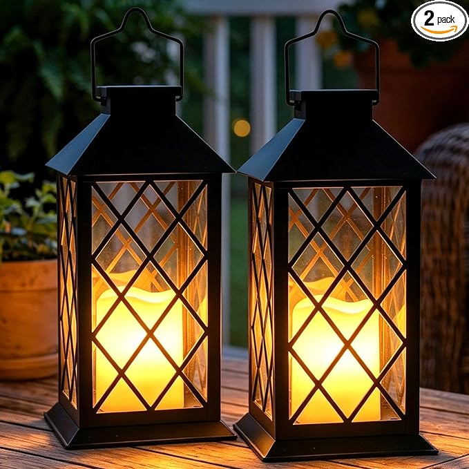 2 Pack 14" Large Tempered Glass Solar Lanterns Outdoor Waterproof | Black retro by Dekofun