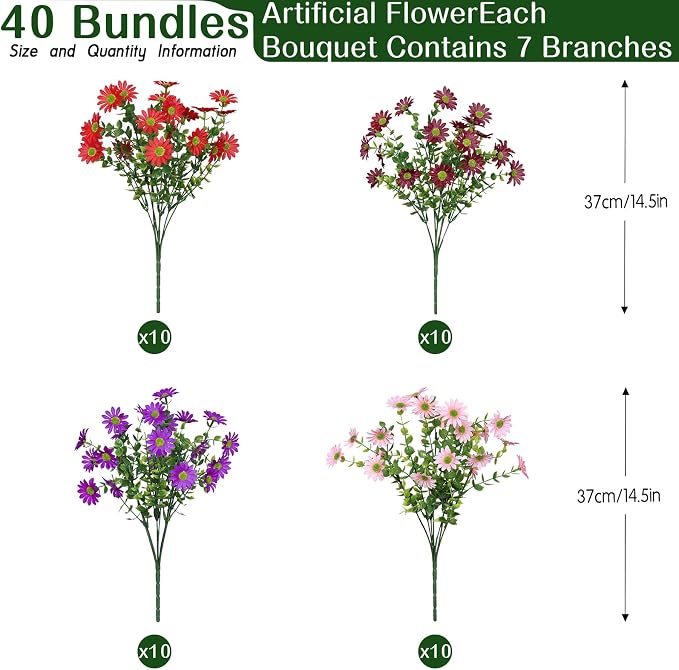 Alupssuc 40 Bundles Artificial Daisies Flowers Fake Silk Plant - Image 2