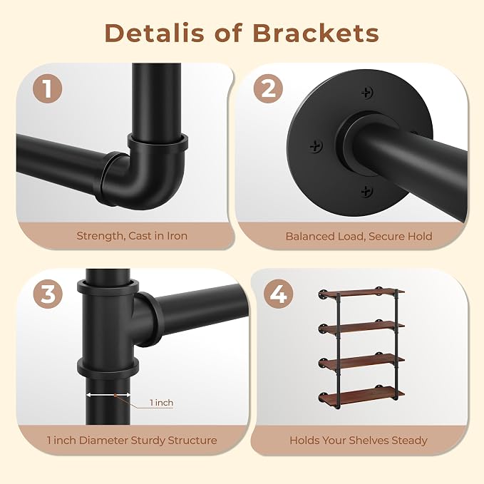 Industrial Wall Mount Pipe Shelf Brackets, Open Bookshelf Brackets - Image 4