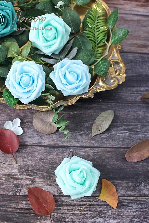 Artificial Flowers 50pcs Real Looking Aqua Blue Foam Fake Roses - Image 4