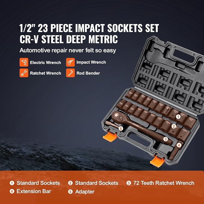 VEVOR 1/2" Drive Impact Socket Set, 23 Piece Socket Set SAE （7/16" -1"）& Metric - Image 3