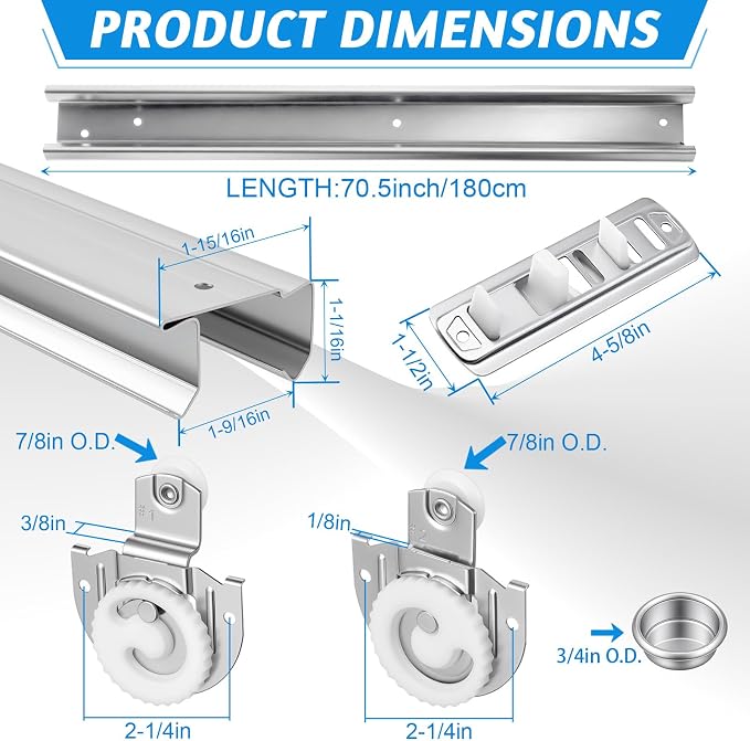 Therwen 1 Set 72 Inch/6 ft By-Pass Sliding Closet Track and Hardware Kit - Image 2