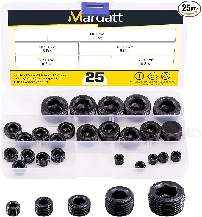 25Pcs NPT Plug Set Pipe Plug Assortment Kit 1/8" 1/4" 3/8" 1/2" 3/4" Carbon by Mardatt