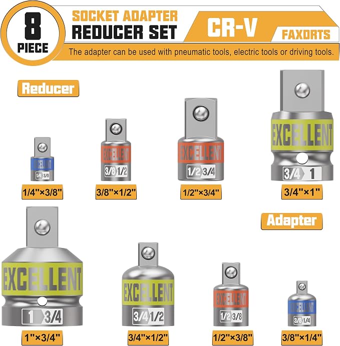 8 Piece Socket Adapter and Reducer Set, 1/4" 3/8" 1/2" 3/4" 1" Drive Impact - Image 2