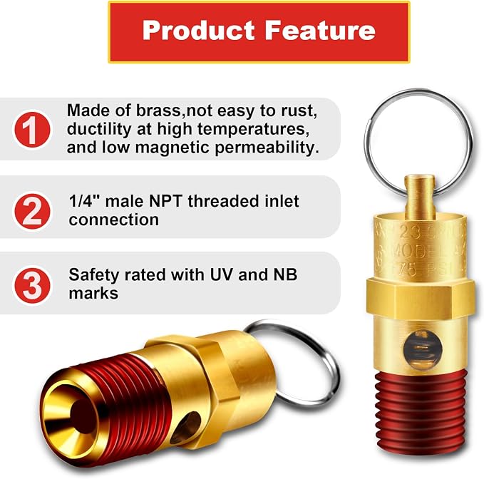 1/4'' NPT Male 175 PSI Air Compressor Pressure Relief Valve Brass | Safety - Image 5