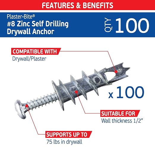 #8 Zinc Plaster Bite Self-Drilling Drywall Anchors w/Screws – Heavy Duty Zinc - Image 2