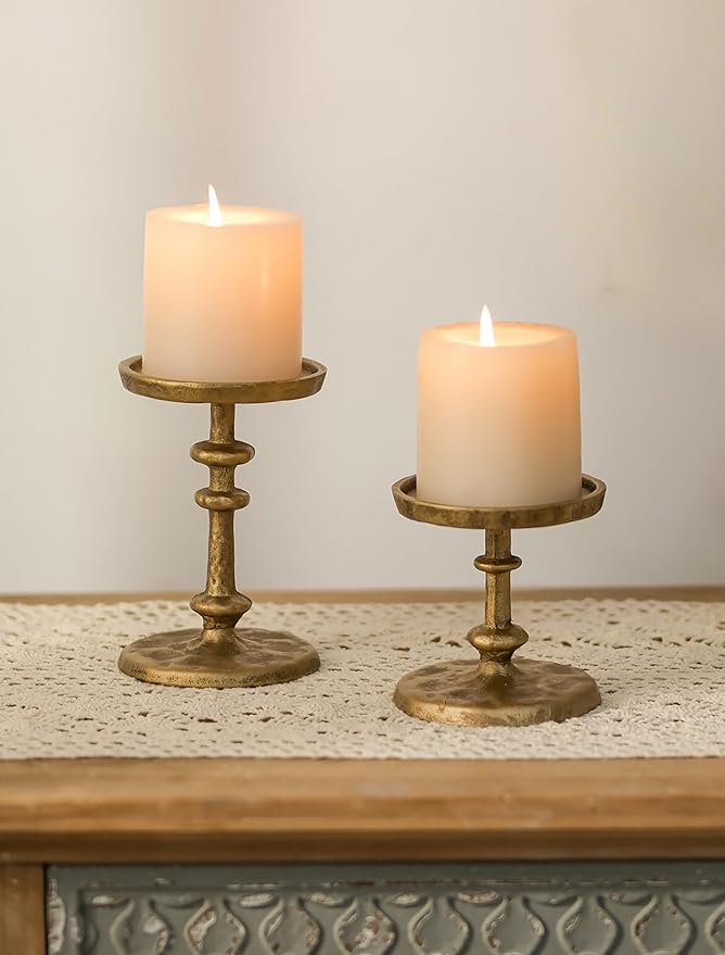 NUPTIO Gold Candle Holders for Pillar: Antique Brass Cast Iron Candle Stand | by Nuptio