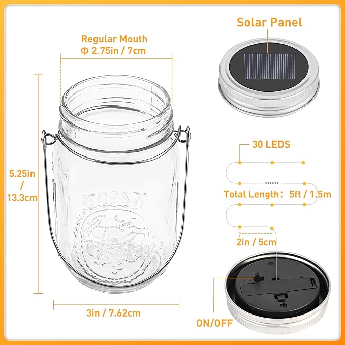 GIGALUMI Hanging Mason Jar Solar Lights, 6 Pack 30 Led Tinplate Lids | Hanging - Image 7