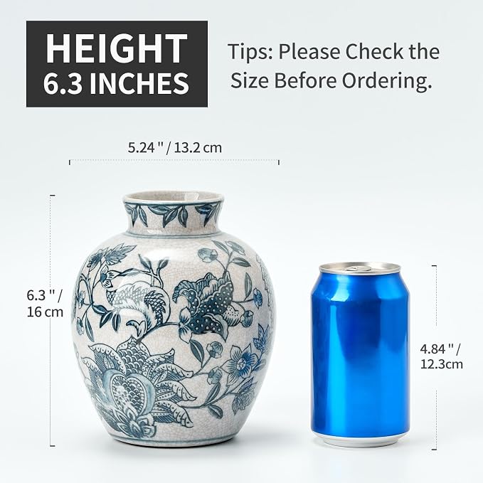 SIDUCAL Ceramic Chinoiserie Floral Vase | 6.3 Inch Blue and White Vintage | - Image 3