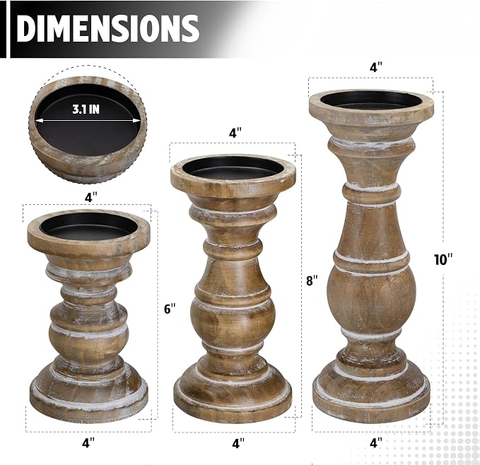 Candle Holder for Pillar Candle Set of 3, Farmhouse Wood Candle Holder - Image 2