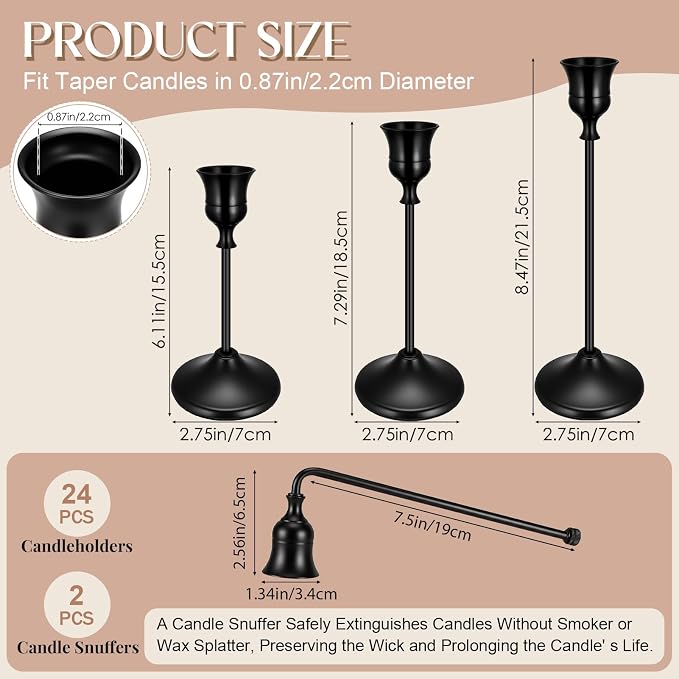 24PCS Brass Black Taper Candle Holders Set, Vintage Candlestick Holders | Tall - Image 5
