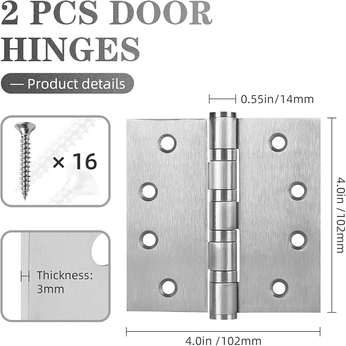 2 Pack Stainless Steel Silver Door Hinges, Heavy Duty Door Hardware, 4 x 4 Inch - Image 2