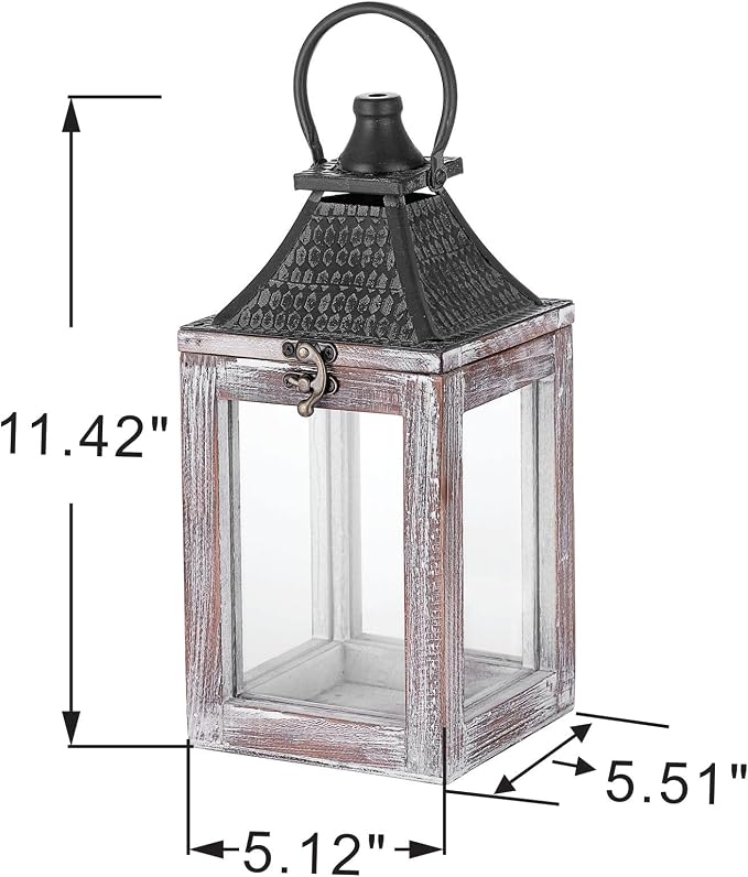 12" High Farmhouse Decorative Lantern, Glass and Metal, Distressed White Wood - Image 2