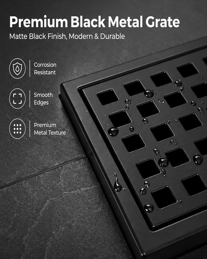 4" Matte Black Shower Drain, Square Shower Floor Drain - Image 4