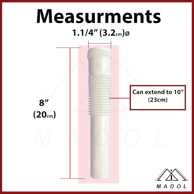 Plastic Drain Extension, 1-1/4 inch x 8 inch White Flexible tube - Image 2