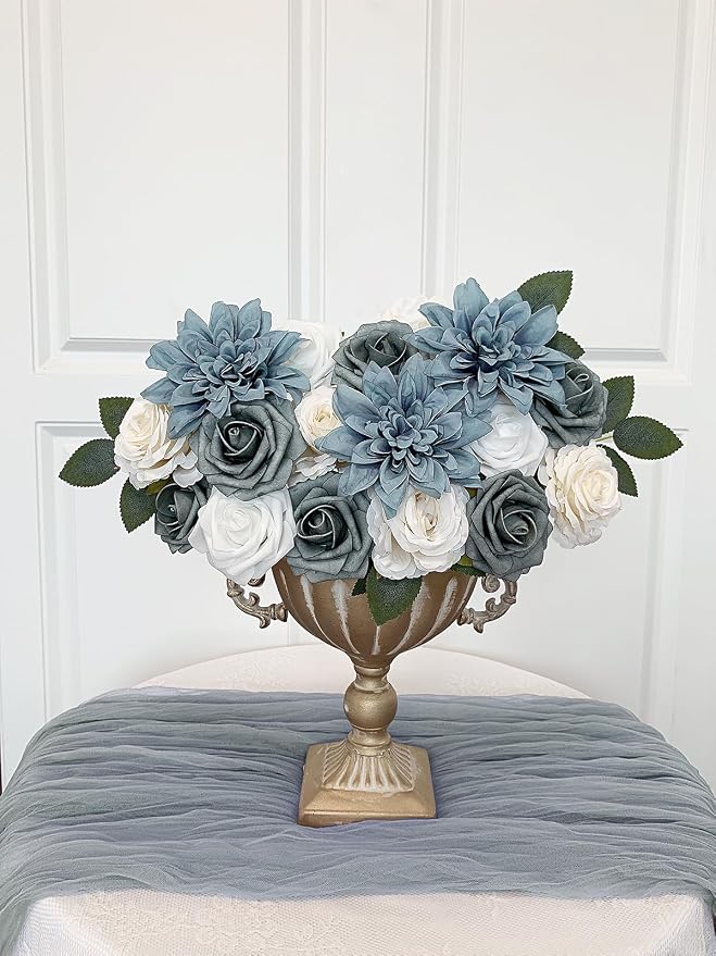 FACINOC Roses Artificial Flowers Dusty Blue Fake Flower - Image 6