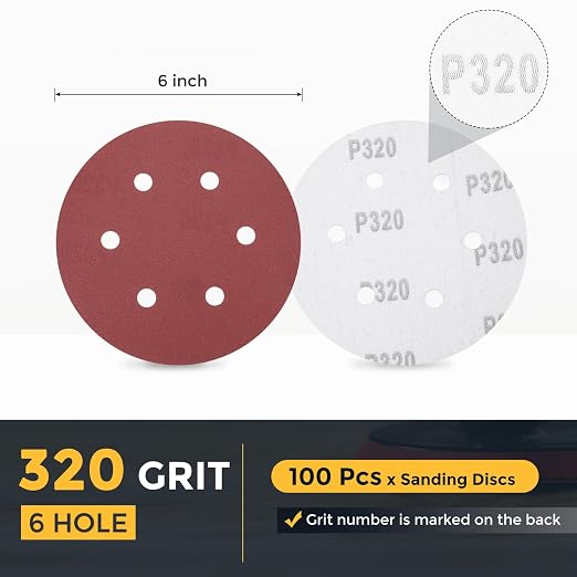 HARFINGTON 100 Pcs 6 Inch Sanding Discs 320 Grit Red Aluminum Oxide 6 Hole | - Image 2