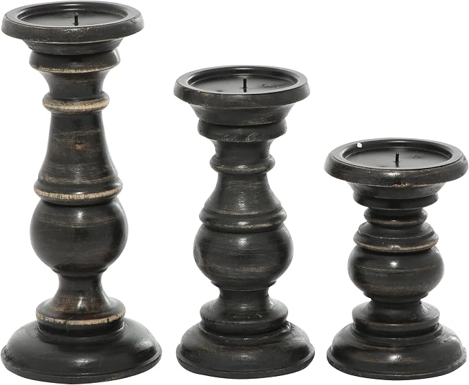 Deco 79 Mango Wood Decorative Candle Holder Distressed Turned Pillar Candle - Image 2