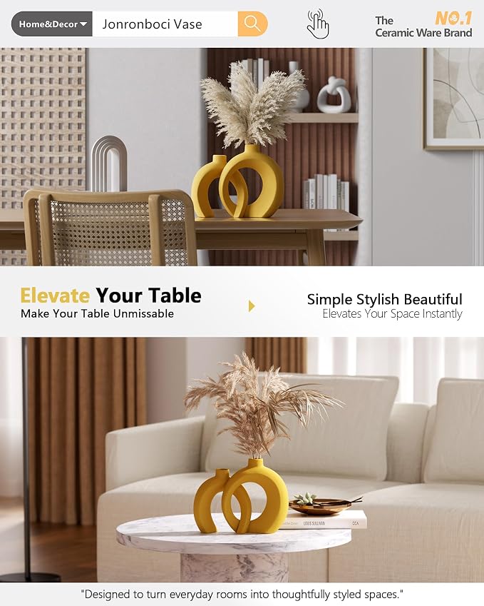 Set of 2 Yellow Ceramic Vases for Home Decor Accents - Image 7