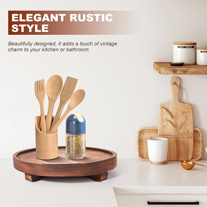 DEBETOOL Round Rustic Wood Decorative Tray | Farmhouse Bathroom Counter Tray & - Image 7