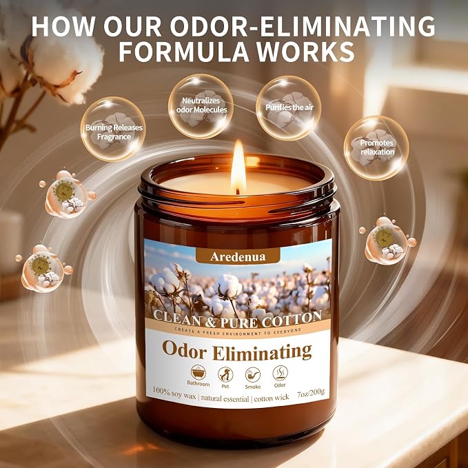 Clean Cotton Odor Eliminating Candles, 7 oz Soy Scented Candle | Eliminates 95% - Image 6