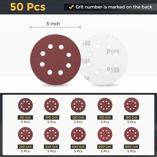 HARFINGTON 50Pcs 5Inch Sanding Disc 8 Hole Hook and Loop Sandpaper Red | - Image 2