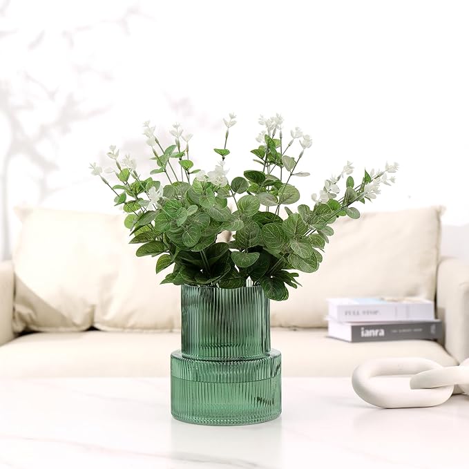 Green Glass Vase, Ribbed Glass Vase - Image 3