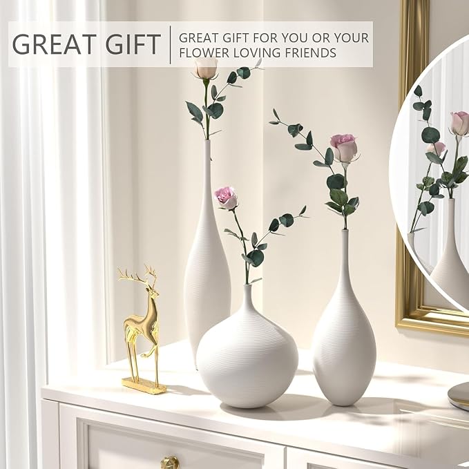 Relexome White Ceramic Vase Modern Boho Wabi-Sabi Flower Vase Set of 3 - Image 7