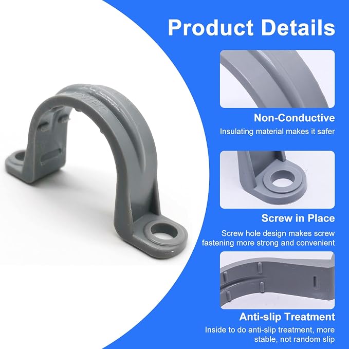 1/2 Inch PVC Pipe Strap, 2-Holes Conduit Pipe Clamps Plastic Pipe Supports - Image 3