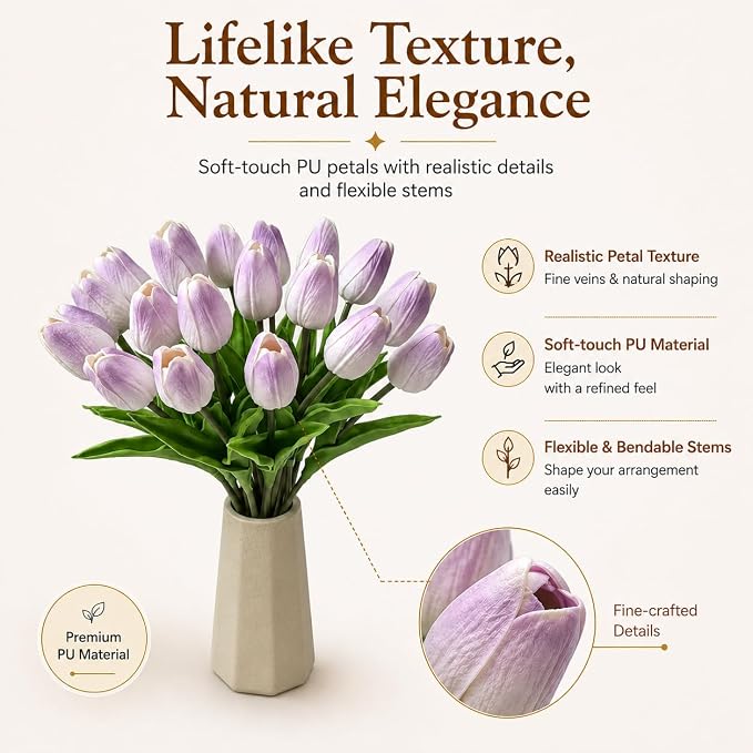 Mandy's 20pcs Artificial Light Purple Tulips | 13.5 Inch Lifelike PU Tulips - Image 2