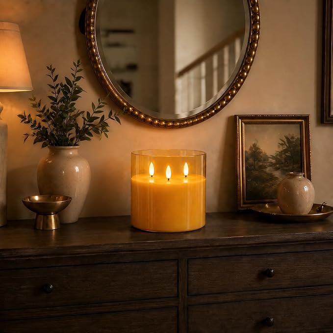 Homemory Amber Large Glass Flameless LED Candle, 3 Wicks, Remote Timer | 6"x6" - Image 6