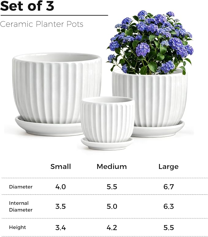 White Plant Pots, Ceramic Flower Pot Set of 3 - Image 2