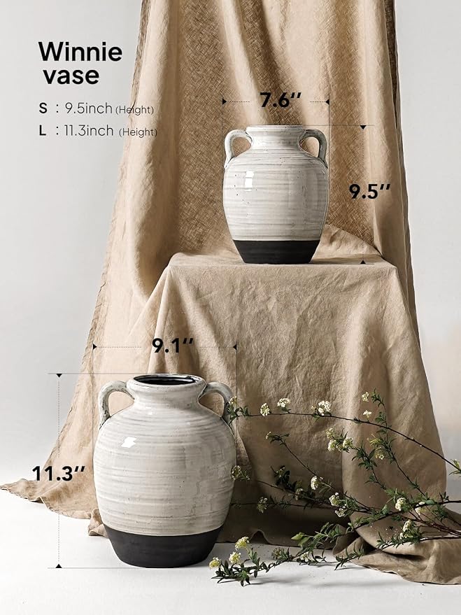 Large White Ceramic Vase with 2 Handles, 11.3 Inch, Farmhouse Rustic | - Image 4