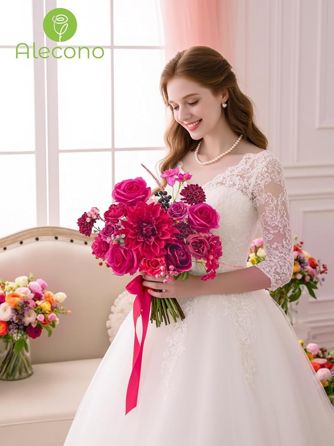 Alecono Hot Pink Artificial Flowers, Silk Fake Roses Floral Set | - Image 4