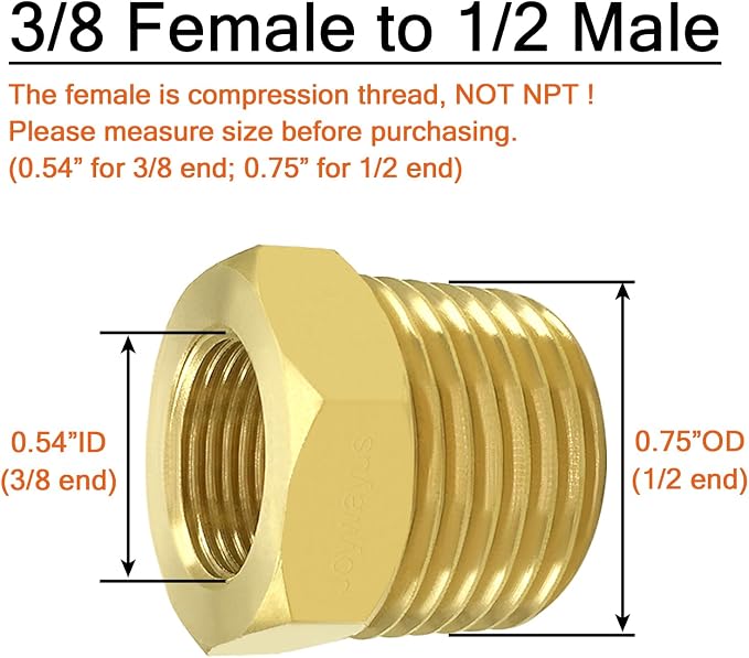 Joywayus 1/2 NPT Male to 3/8 Compression Female Thread Bushing Pipe Fitting - Image 2