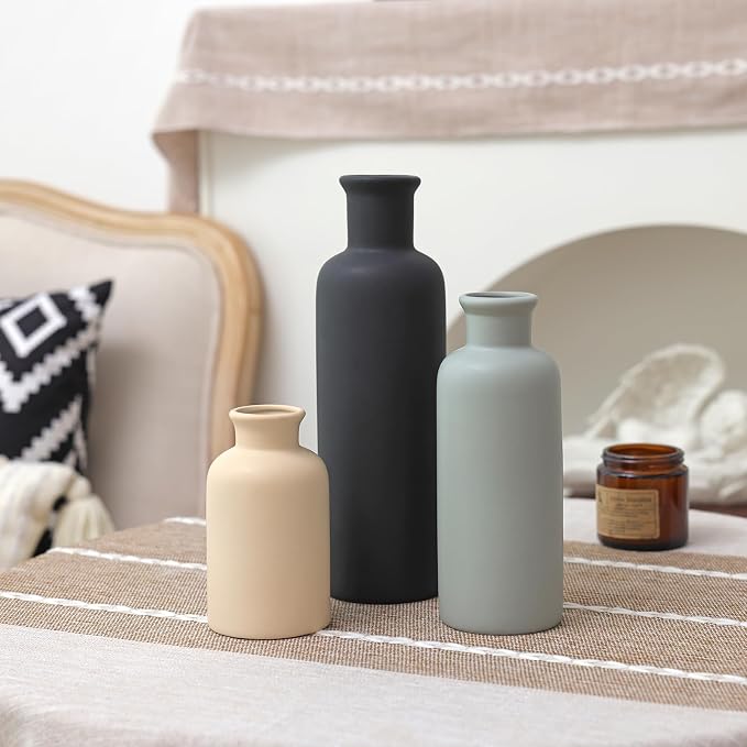 Ceramic Vase Set of 3, Neutral Rustic Vases - Image 3