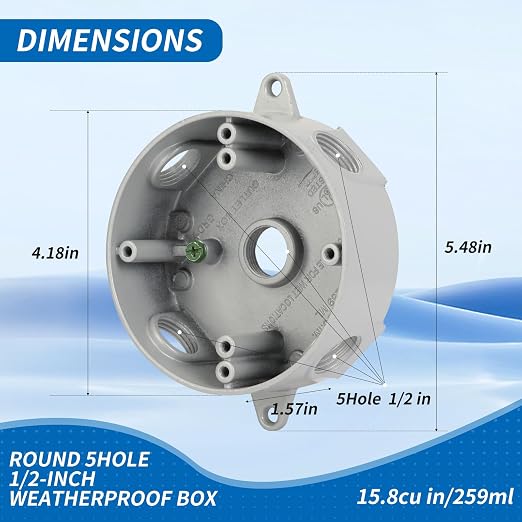 Round Weatherproof Electrical Box, 5 Hole 1/2-Inch Surface Mount Box | Aluminum - Image 2